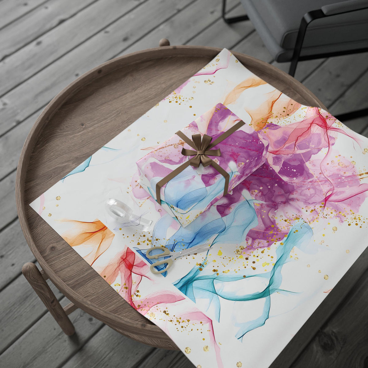 Abstract Marble Wrapping Paper Roll — Colorful Watercolor Smoke with Gold Flecks