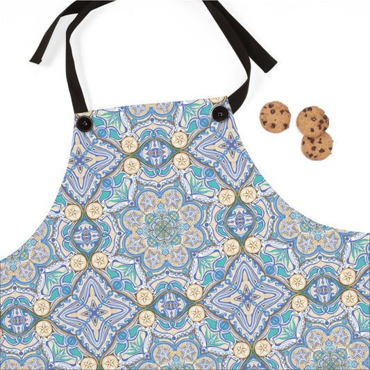 Blue Mosaic Kitchen Apron — Decorative Floral Tile Pattern for Baking & Cooking
