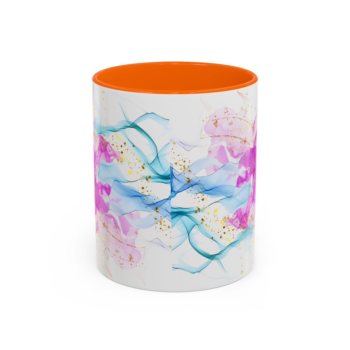 Watercolor Smoke Accent Coffee Mug – Pink & Teal Abstract with Gold Flecks (11/15 oz)