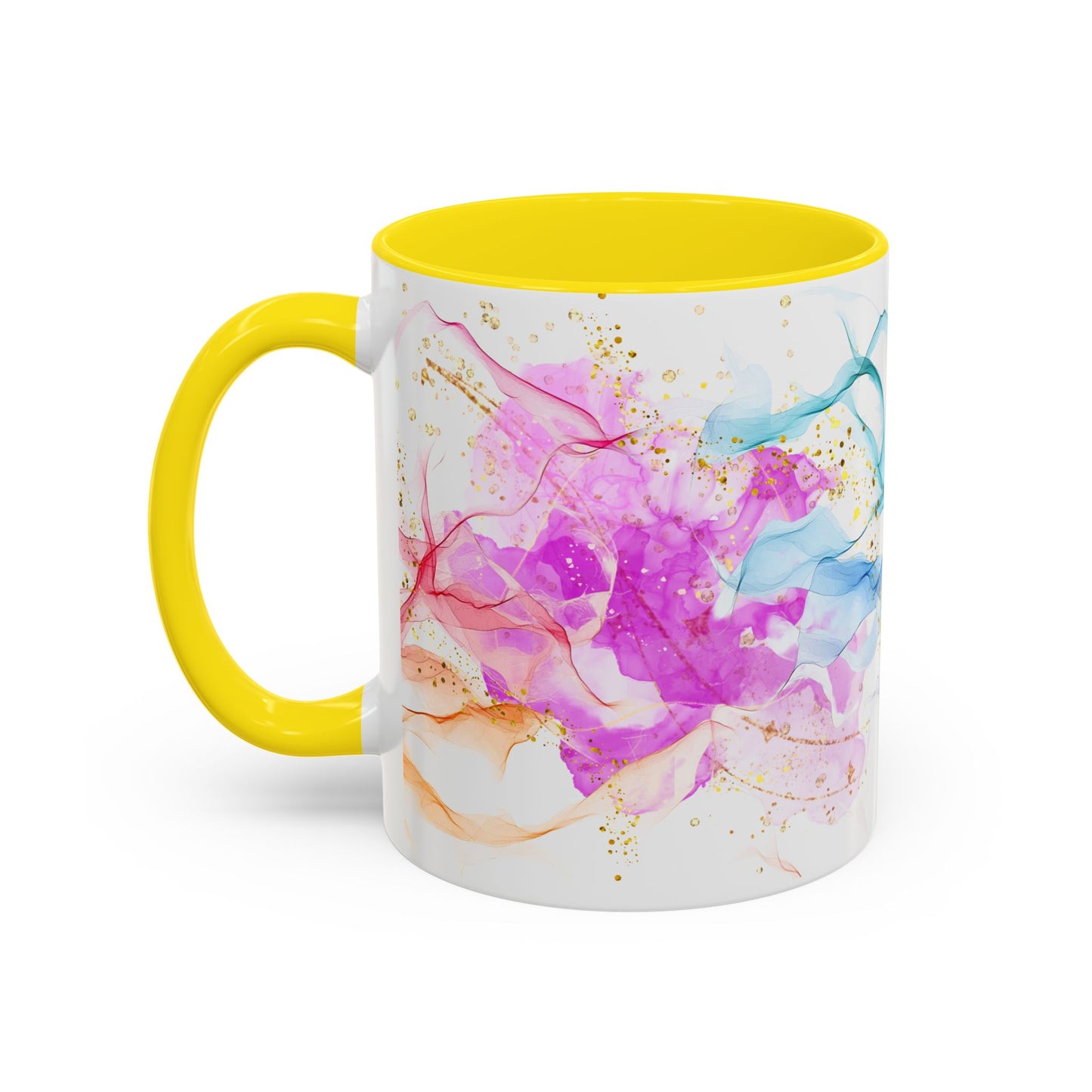 Watercolor Smoke Accent Coffee Mug – Pink & Teal Abstract with Gold Flecks (11/15 oz)