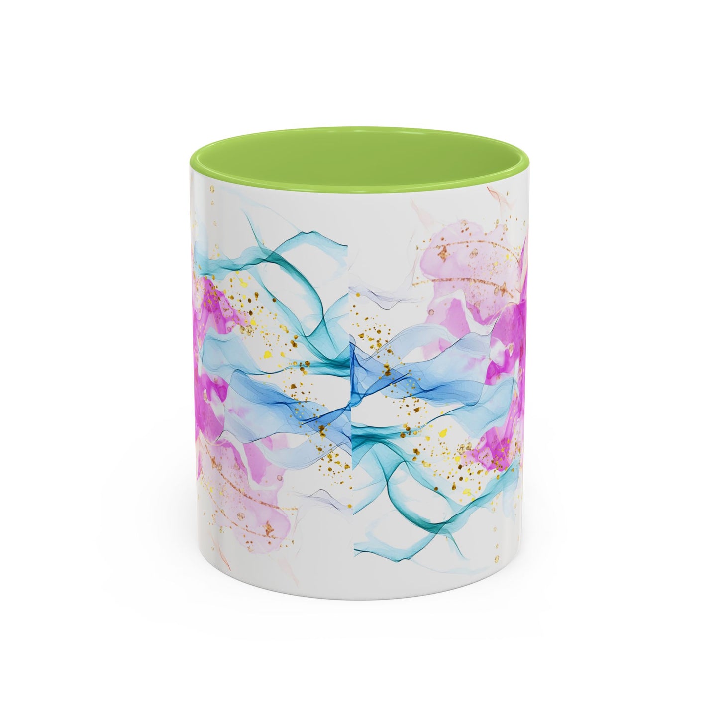 Watercolor Smoke Accent Coffee Mug – Pink & Teal Abstract with Gold Flecks (11/15 oz)
