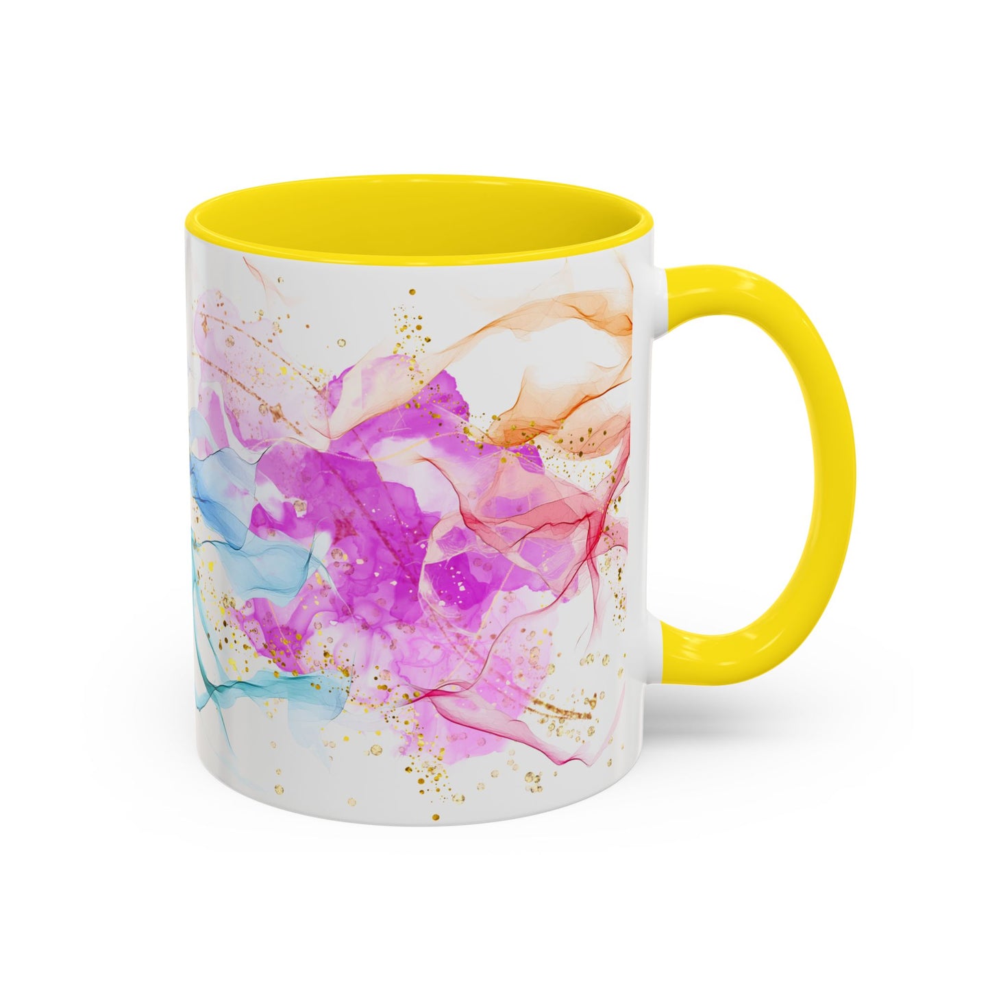 Watercolor Smoke Accent Coffee Mug – Pink & Teal Abstract with Gold Flecks (11/15 oz)