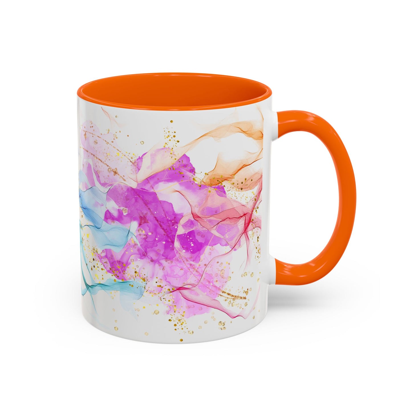 Watercolor Smoke Accent Coffee Mug – Pink & Teal Abstract with Gold Flecks (11/15 oz)