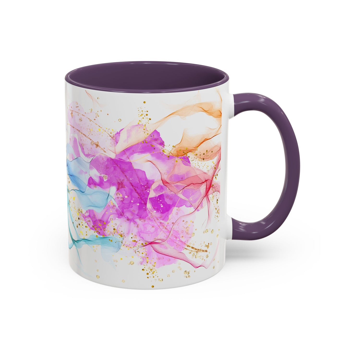 Watercolor Smoke Accent Coffee Mug – Pink & Teal Abstract with Gold Flecks (11/15 oz)