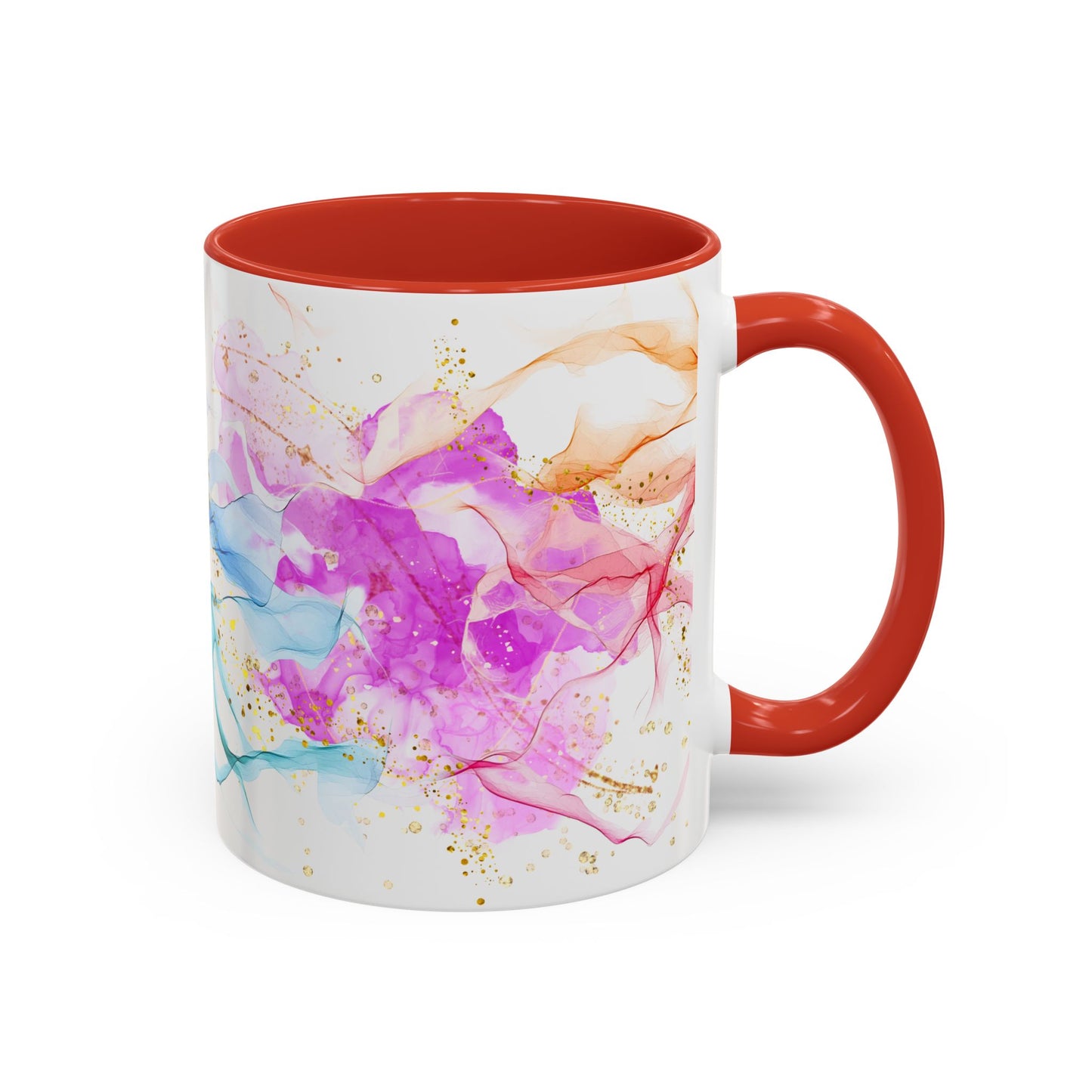 Watercolor Smoke Accent Coffee Mug – Pink & Teal Abstract with Gold Flecks (11/15 oz)