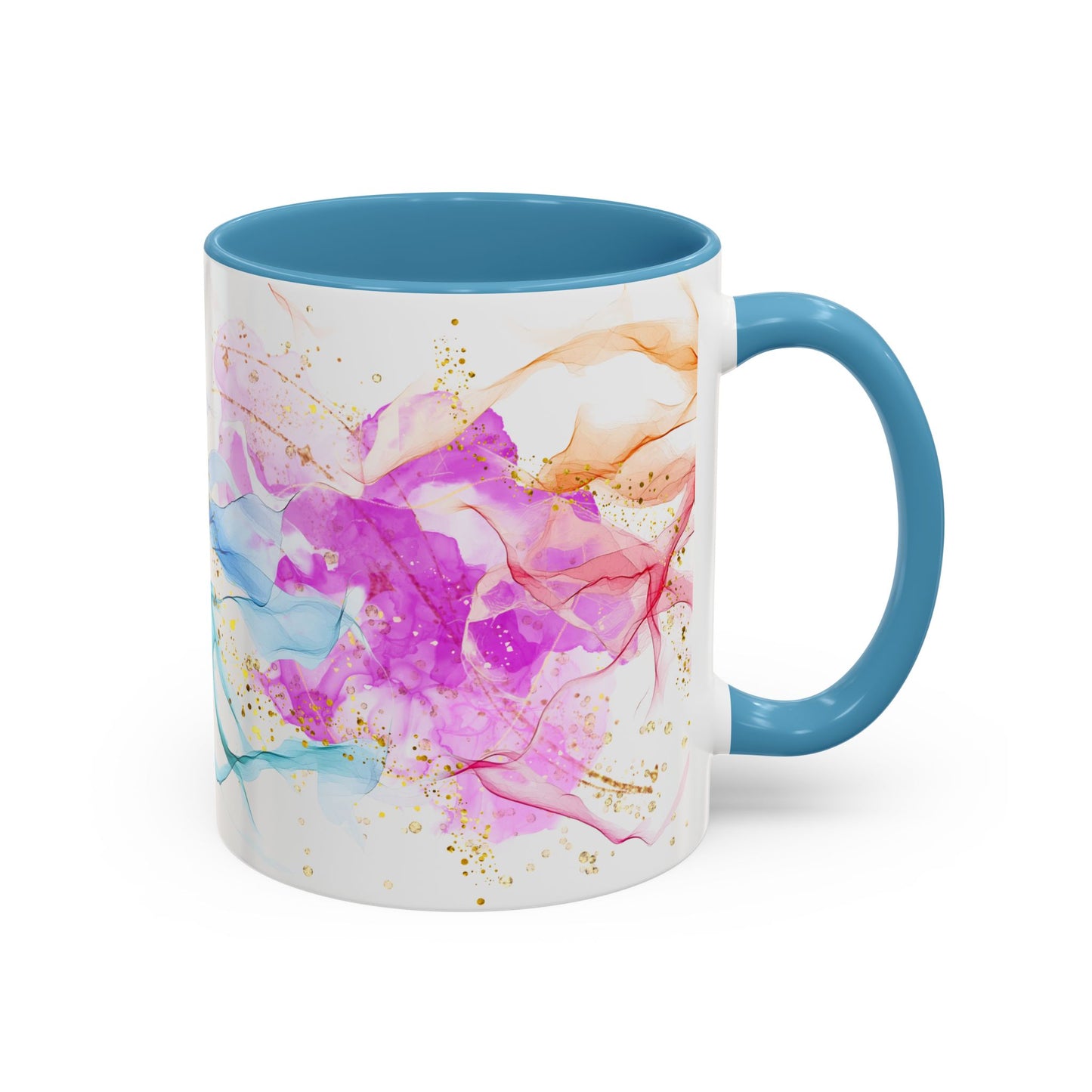 Watercolor Smoke Accent Coffee Mug – Pink & Teal Abstract with Gold Flecks (11/15 oz)
