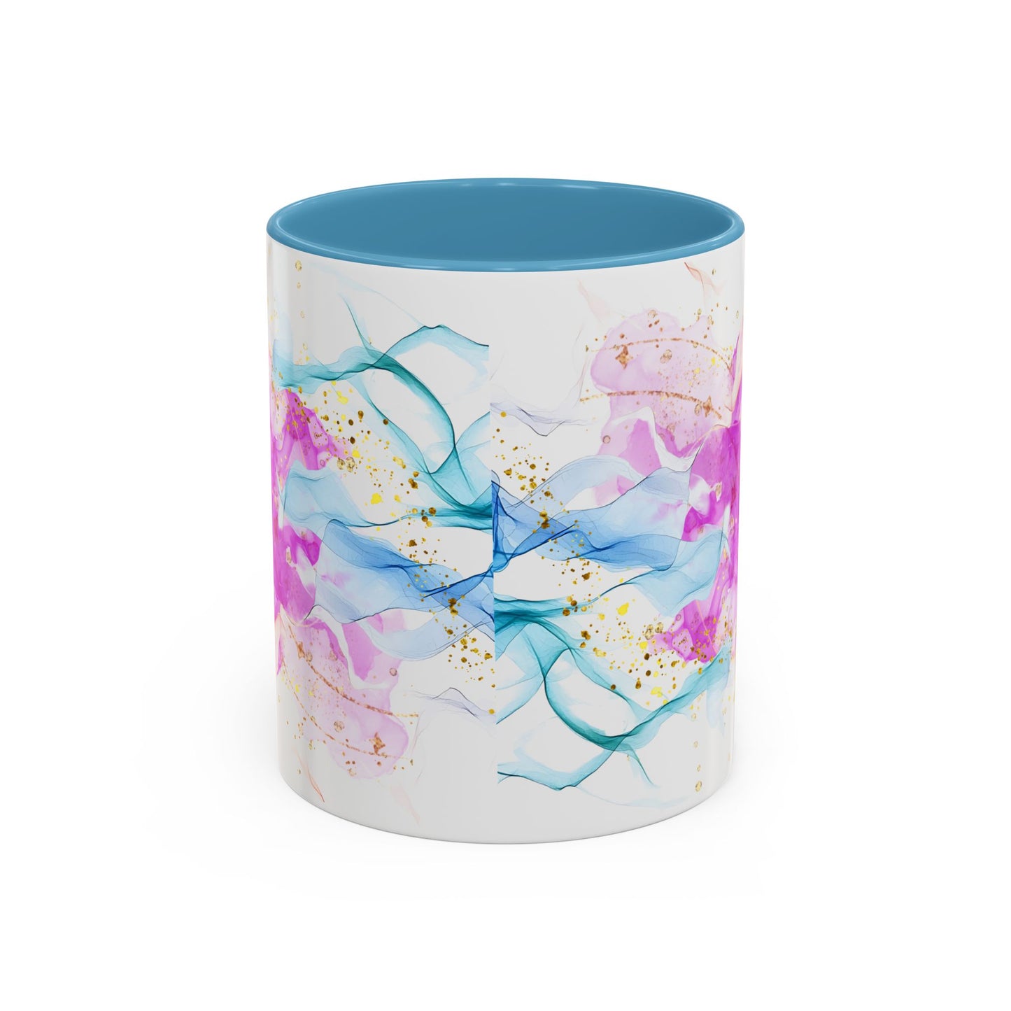 Watercolor Smoke Accent Coffee Mug – Pink & Teal Abstract with Gold Flecks (11/15 oz)