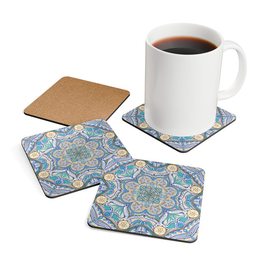 Ocean Tide Mandala Cork Coaster Set | Starfish Tile Design