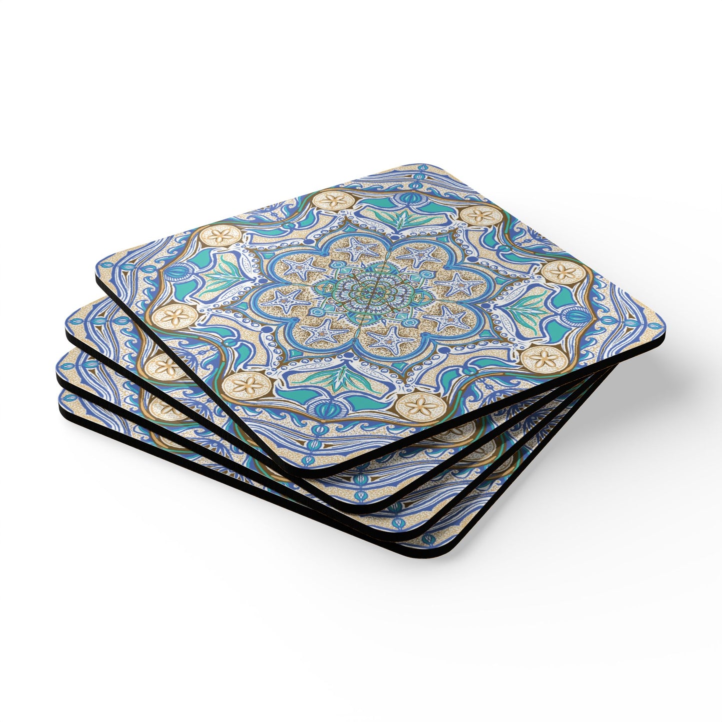 Ocean Tide Mandala Cork Coaster Set | Starfish Tile Design