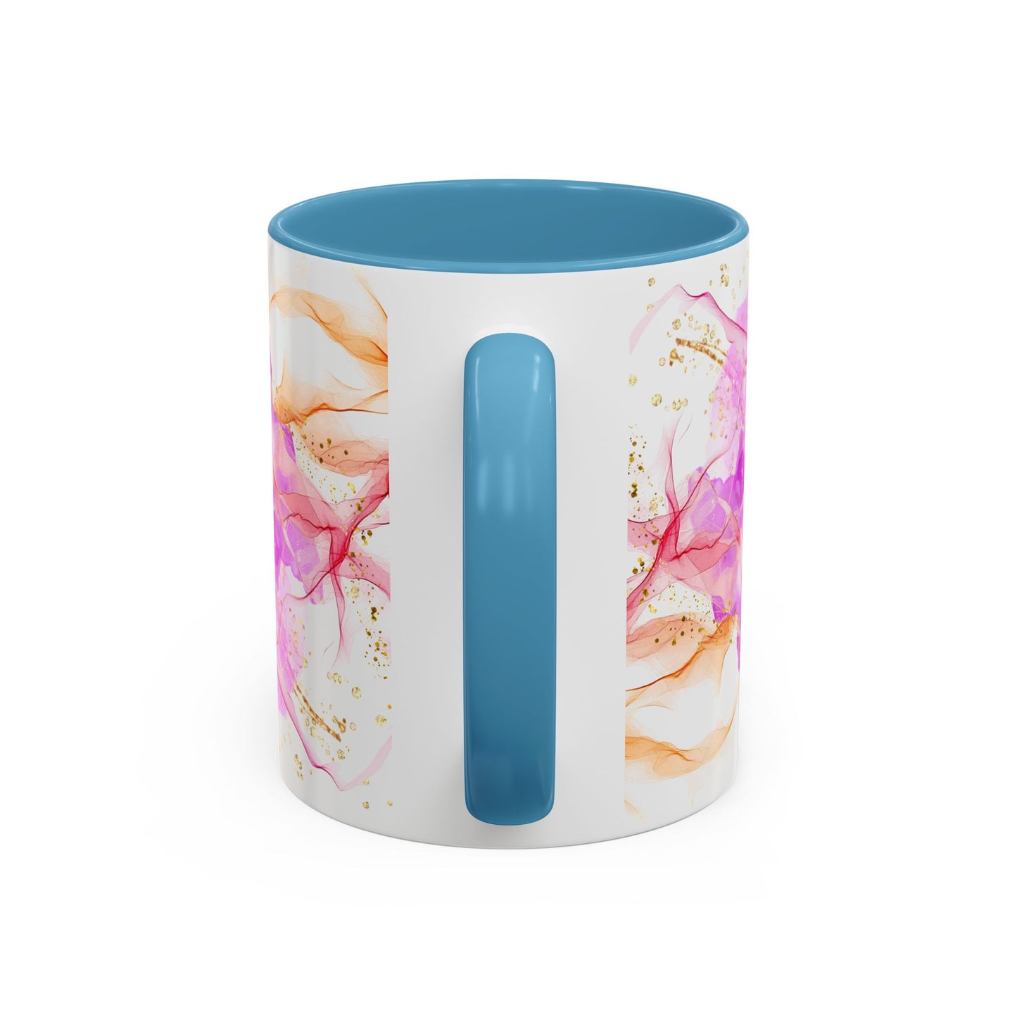 Watercolor Smoke Accent Coffee Mug – Pink & Teal Abstract with Gold Flecks (11/15 oz)