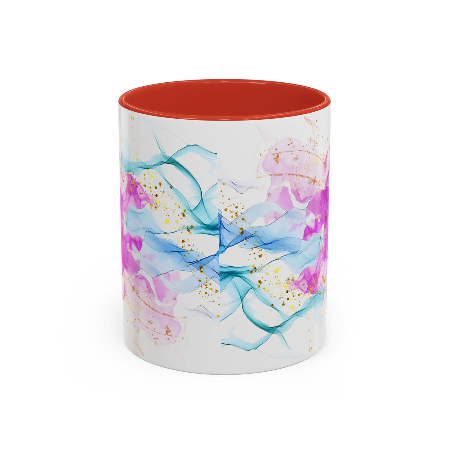 Watercolor Smoke Accent Coffee Mug – Pink & Teal Abstract with Gold Flecks (11/15 oz)