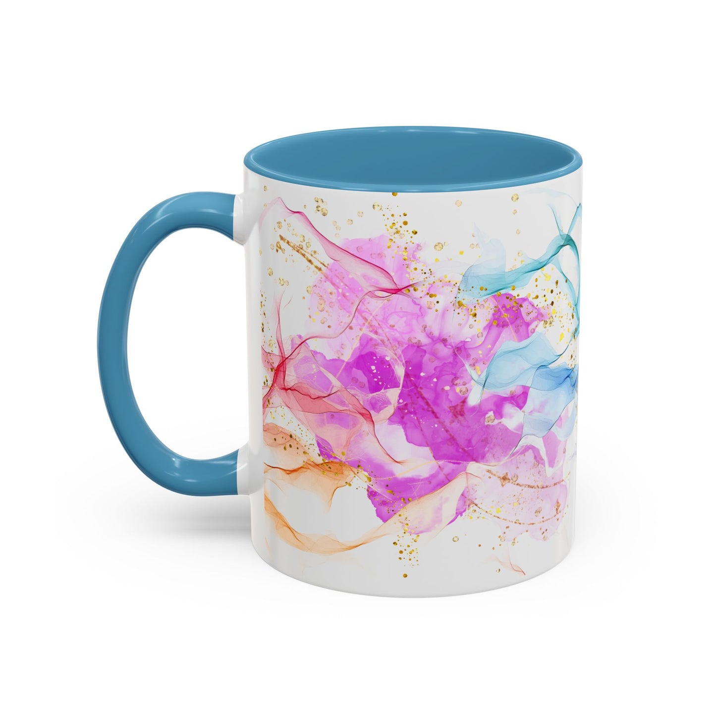 Watercolor Smoke Accent Coffee Mug – Pink & Teal Abstract with Gold Flecks (11/15 oz)