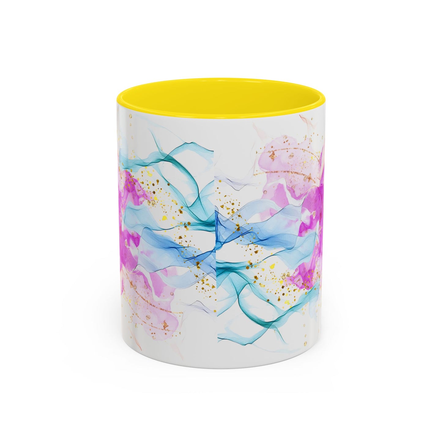 Watercolor Smoke Accent Coffee Mug – Pink & Teal Abstract with Gold Flecks (11/15 oz)