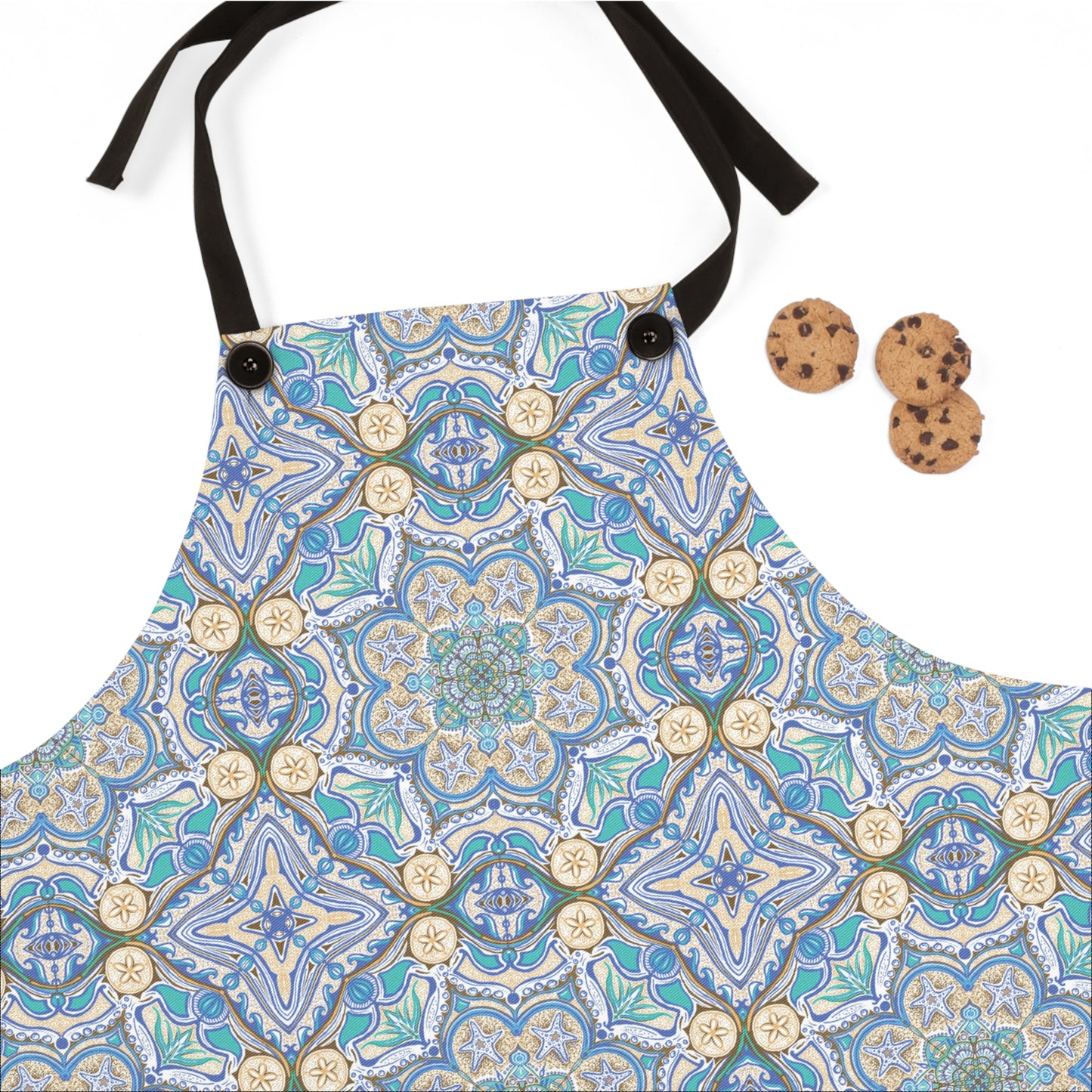 Blue Mosaic Kitchen Apron — Decorative Floral Tile Pattern for Baking & Cooking