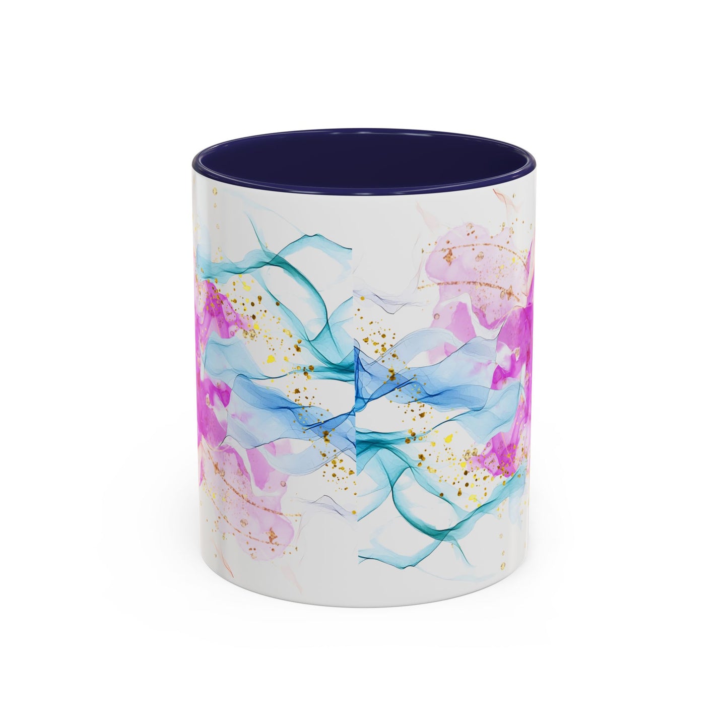 Watercolor Smoke Accent Coffee Mug – Pink & Teal Abstract with Gold Flecks (11/15 oz)