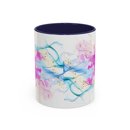 Watercolor Smoke Accent Coffee Mug – Pink & Teal Abstract with Gold Flecks (11/15 oz)