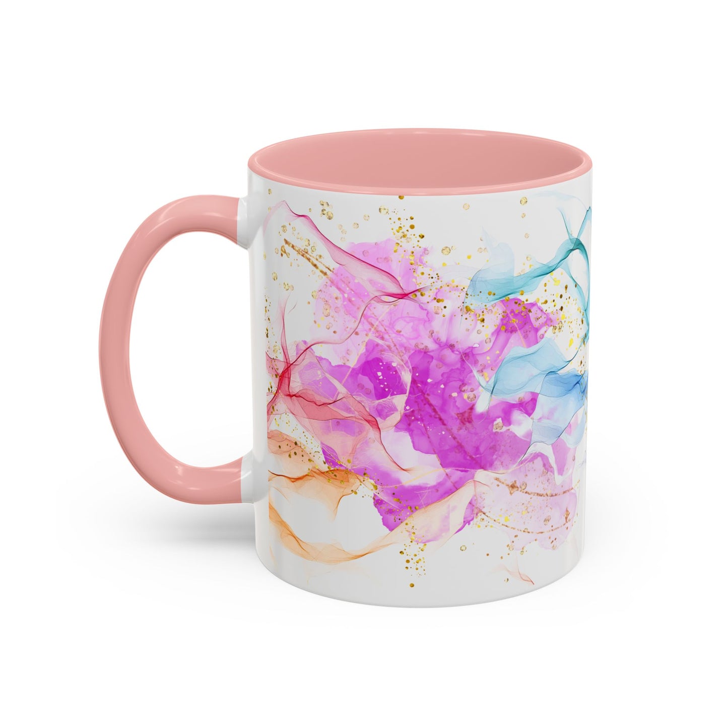 Watercolor Smoke Accent Coffee Mug – Pink & Teal Abstract with Gold Flecks (11/15 oz)