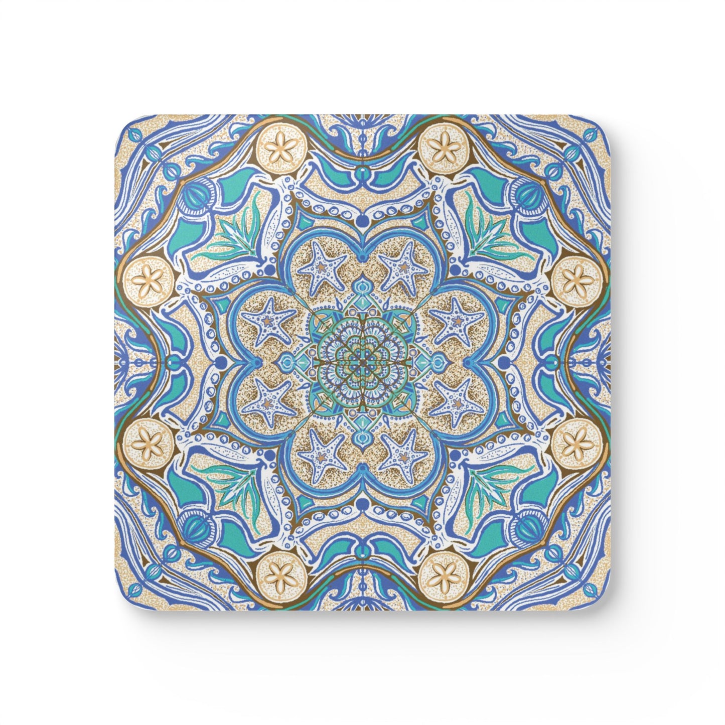 Ocean Tide Mandala Cork Coaster Set | Starfish Tile Design
