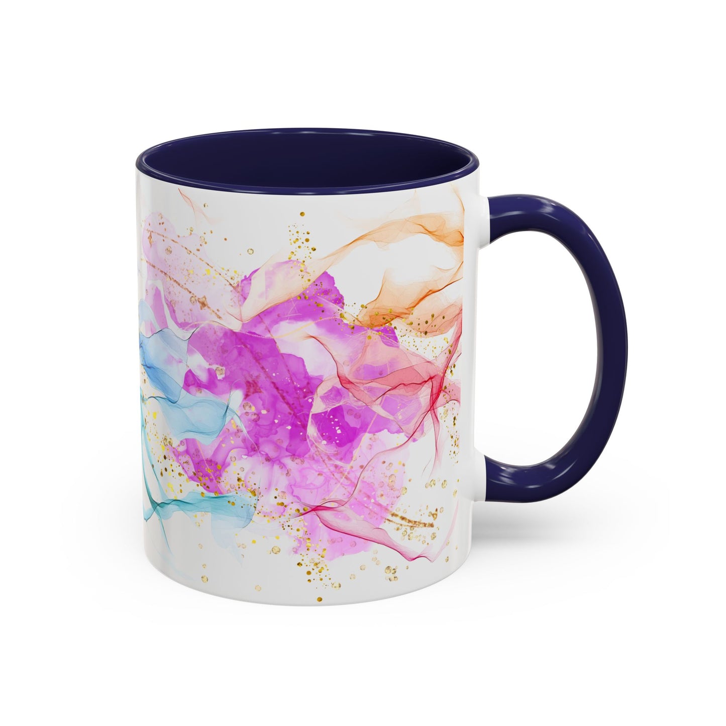 Watercolor Smoke Accent Coffee Mug – Pink & Teal Abstract with Gold Flecks (11/15 oz)