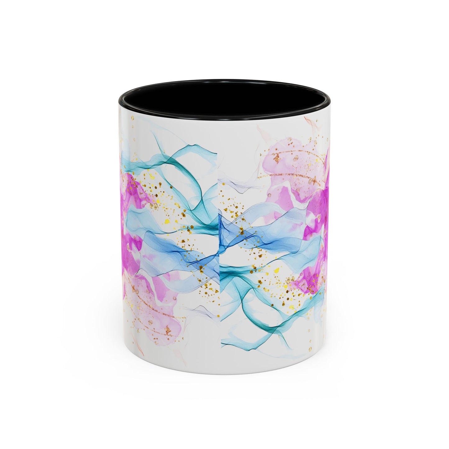 Watercolor Smoke Accent Coffee Mug – Pink & Teal Abstract with Gold Flecks (11/15 oz)