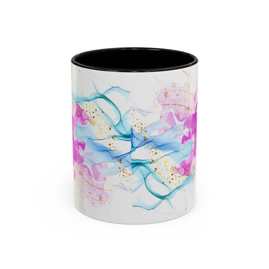 Watercolor Smoke Accent Coffee Mug – Pink & Teal Abstract with Gold Flecks (11/15 oz)