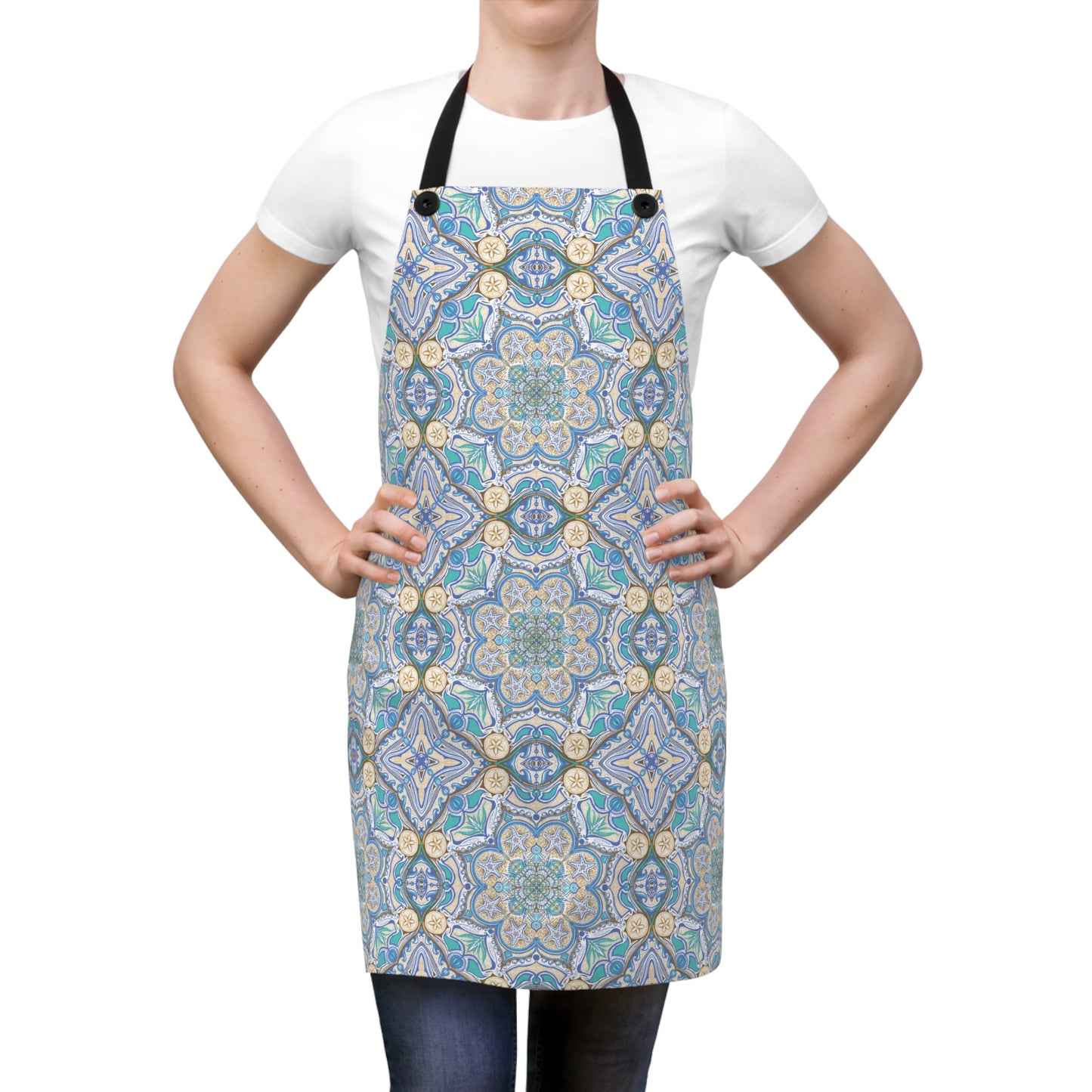 Blue Mosaic Kitchen Apron — Decorative Floral Tile Pattern for Baking & Cooking