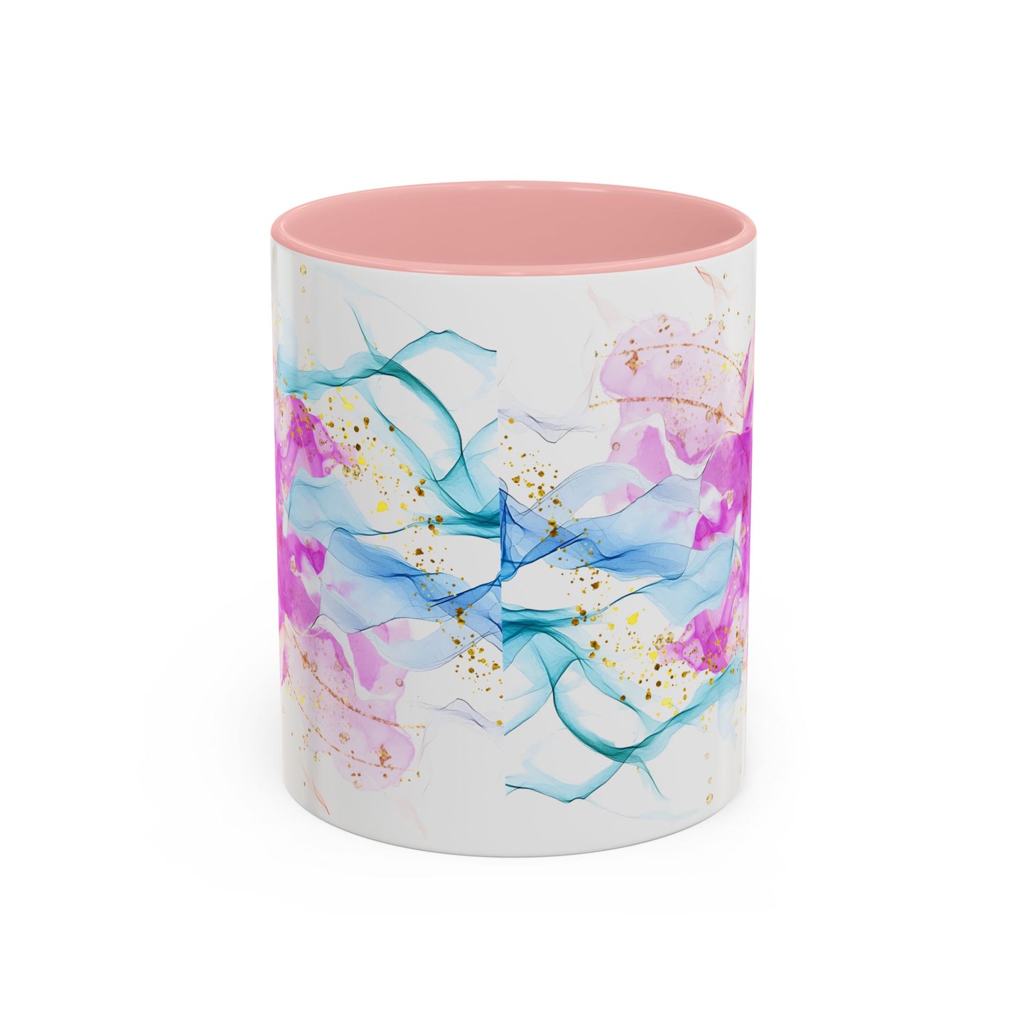 Watercolor Smoke Accent Coffee Mug – Pink & Teal Abstract with Gold Flecks (11/15 oz)