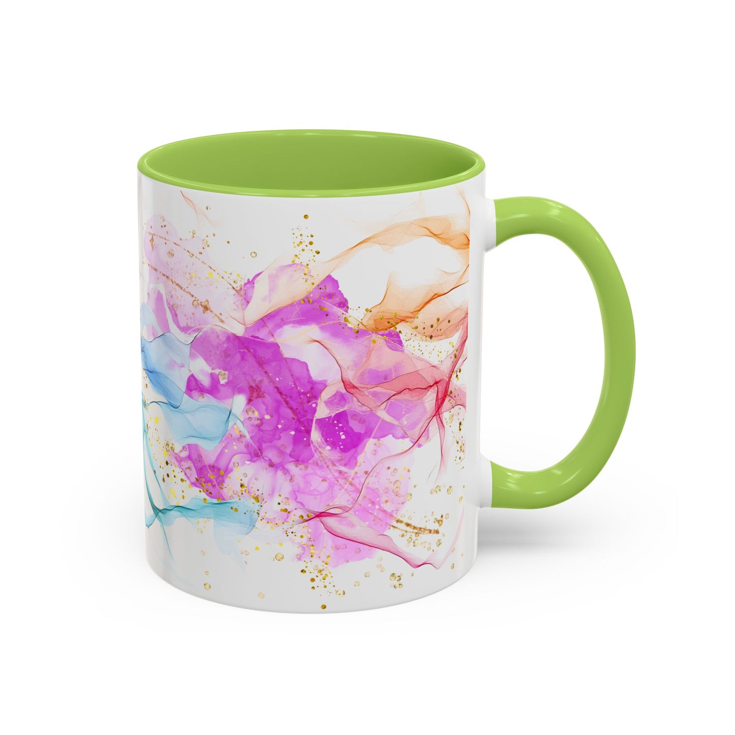 Watercolor Smoke Accent Coffee Mug – Pink & Teal Abstract with Gold Flecks (11/15 oz)
