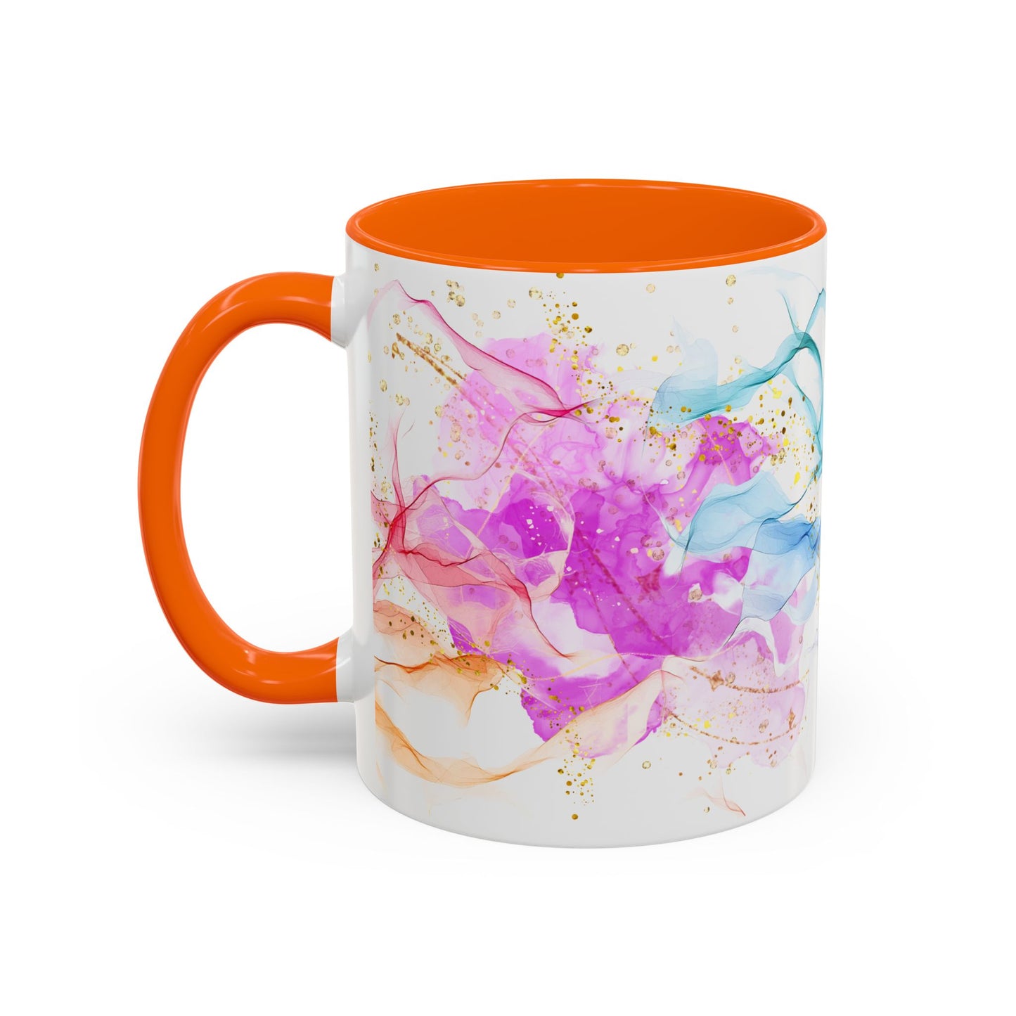 Watercolor Smoke Accent Coffee Mug – Pink & Teal Abstract with Gold Flecks (11/15 oz)