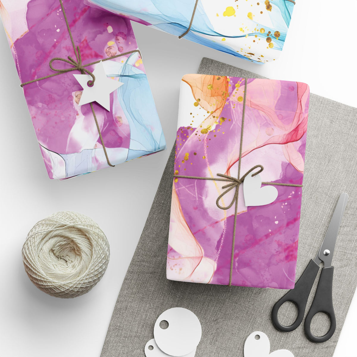 Abstract Marble Wrapping Paper Roll — Colorful Watercolor Smoke with Gold Flecks