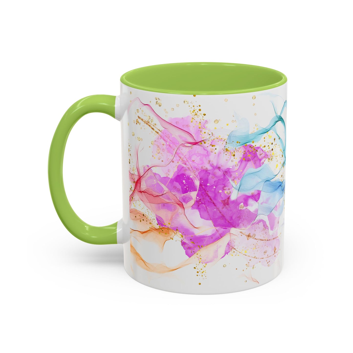 Watercolor Smoke Accent Coffee Mug – Pink & Teal Abstract with Gold Flecks (11/15 oz)