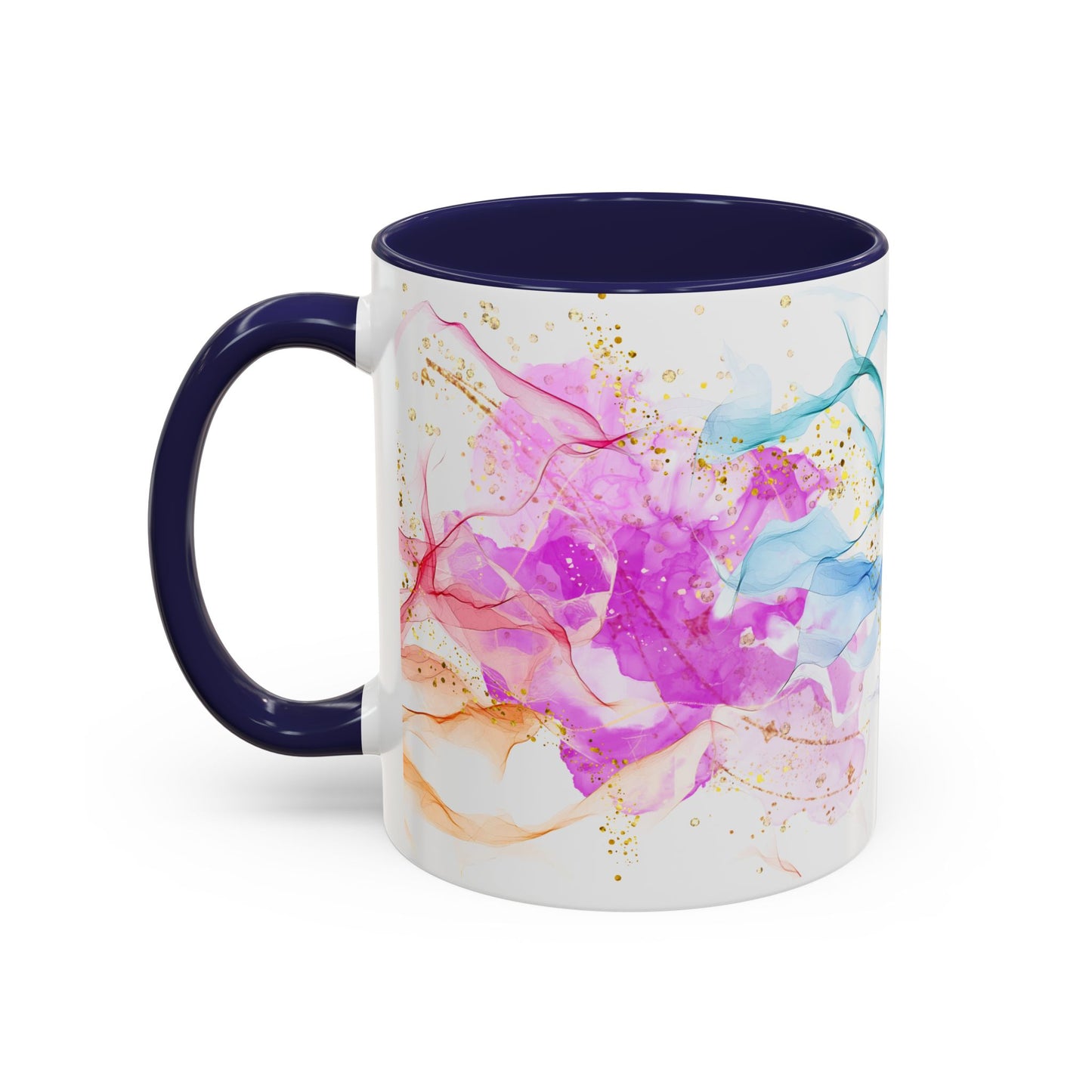 Watercolor Smoke Accent Coffee Mug – Pink & Teal Abstract with Gold Flecks (11/15 oz)