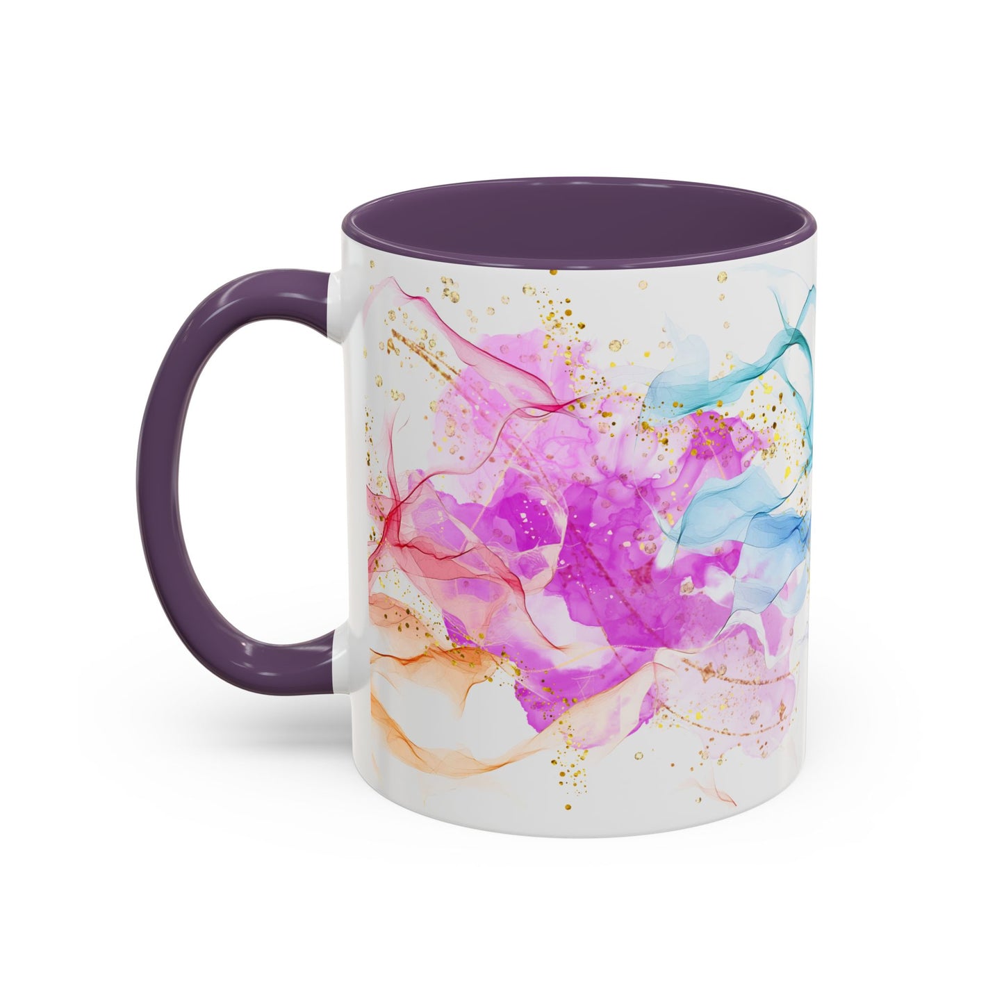 Watercolor Smoke Accent Coffee Mug – Pink & Teal Abstract with Gold Flecks (11/15 oz)