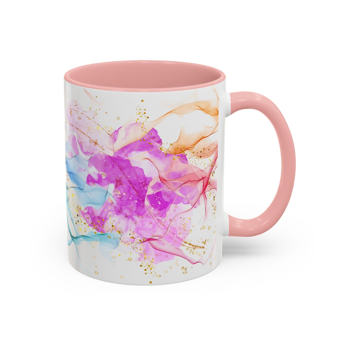 Watercolor Smoke Accent Coffee Mug – Pink & Teal Abstract with Gold Flecks (11/15 oz)