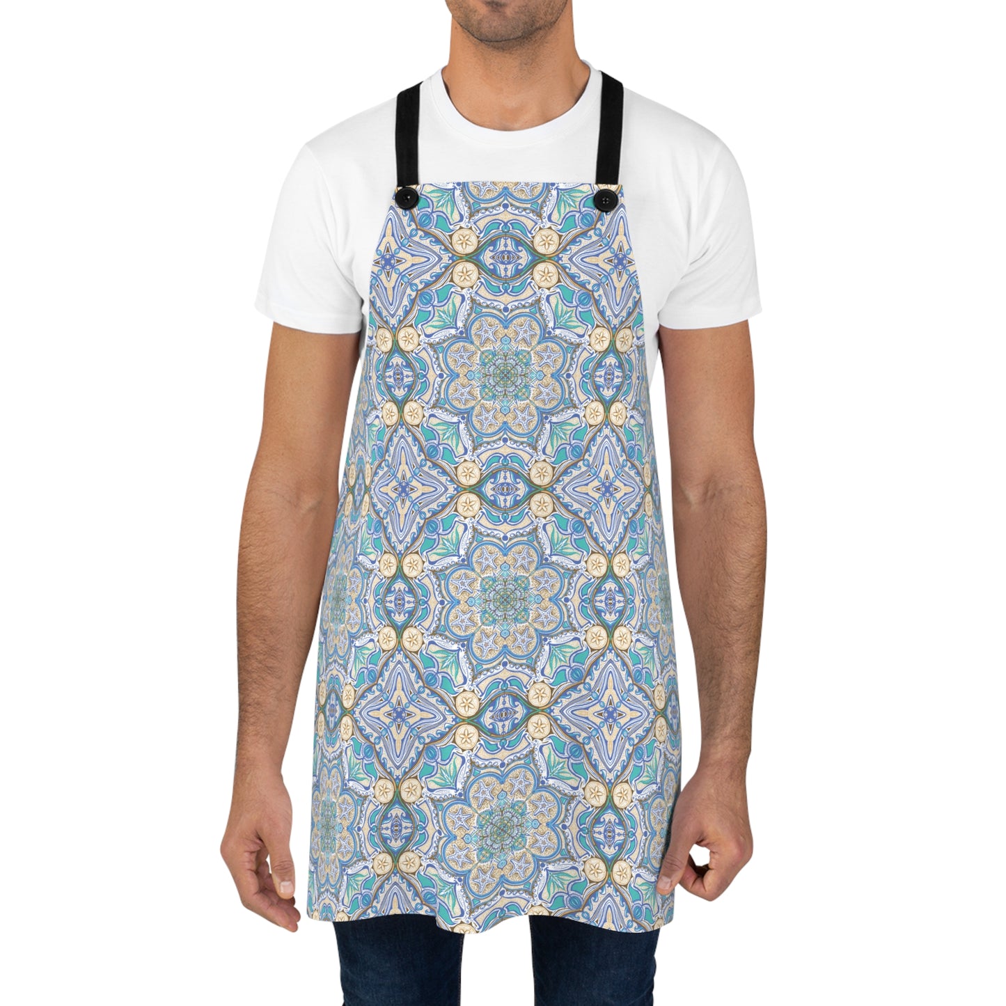 Blue Mosaic Kitchen Apron — Decorative Floral Tile Pattern for Baking & Cooking
