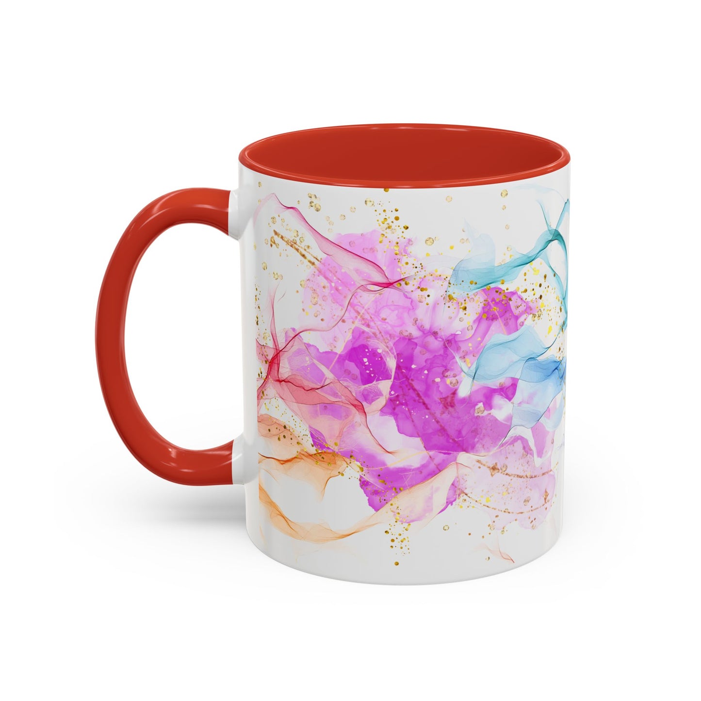 Watercolor Smoke Accent Coffee Mug – Pink & Teal Abstract with Gold Flecks (11/15 oz)